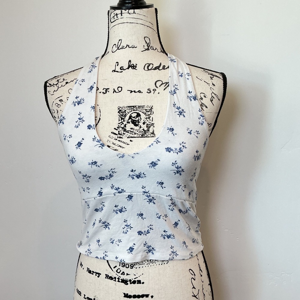 Hollister‎ White Blue Floral Halter Crop Top Juniors Size Medium